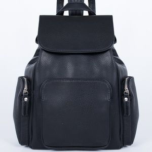 Black Vegan Leather Backpack with Zipper Strap